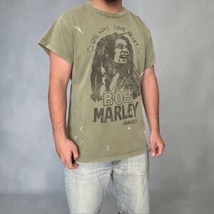 Bob Marley Jamaica Graphic Tee Olive Green Distressed Vintage Style Size XL